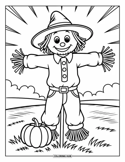 Autumn Coloring Page for Kids: A cheerful scarecrow with a wide-brimmed hat and small pumpkin nearby
