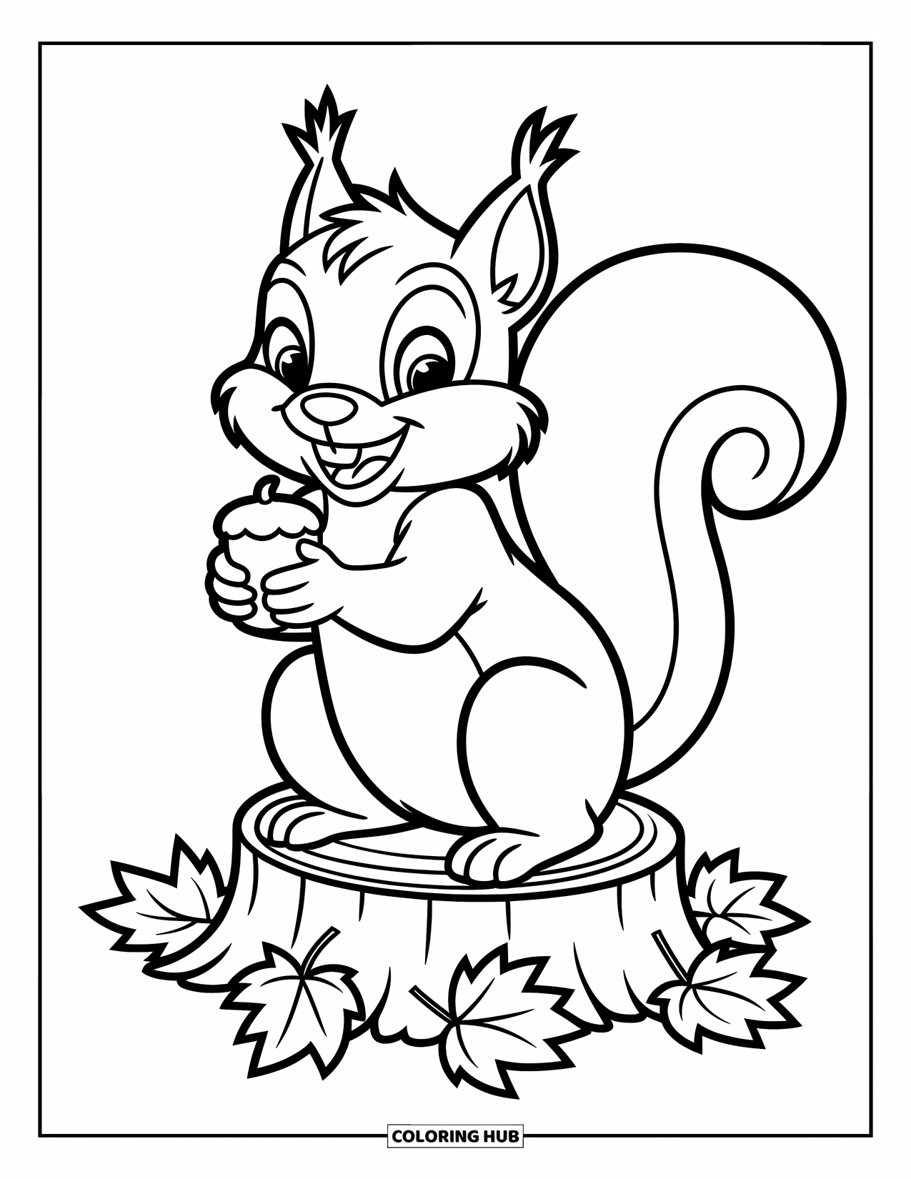 Desenho de outono para colorir para crianças: Um esquilo alegre segura uma bolota, sentado entre folhas espalhadas
