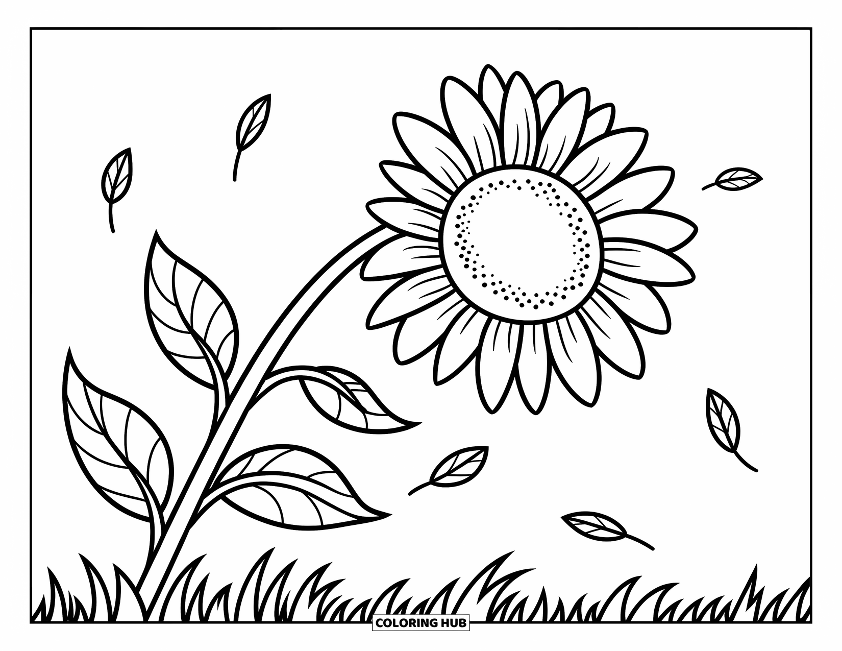 Desenho de outono para colorir para crianças: Um girassol alegre com pétalas largas e folhas caindo suavemente