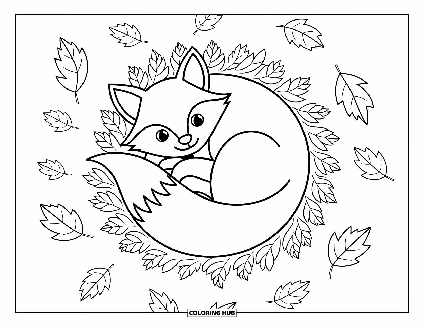 Desenho de outono para colorir para crianças: Uma raposa gordinha se enrola em um ninho de folhas macias