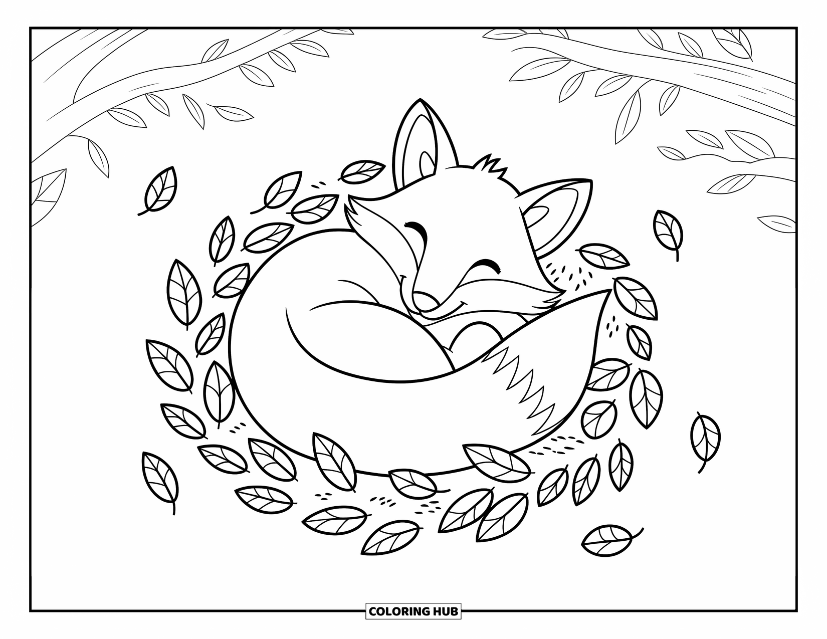 Desenho de outono para colorir para crianças: Uma raposa gordinha descansa em folhas aconchegantes com pinhas por perto