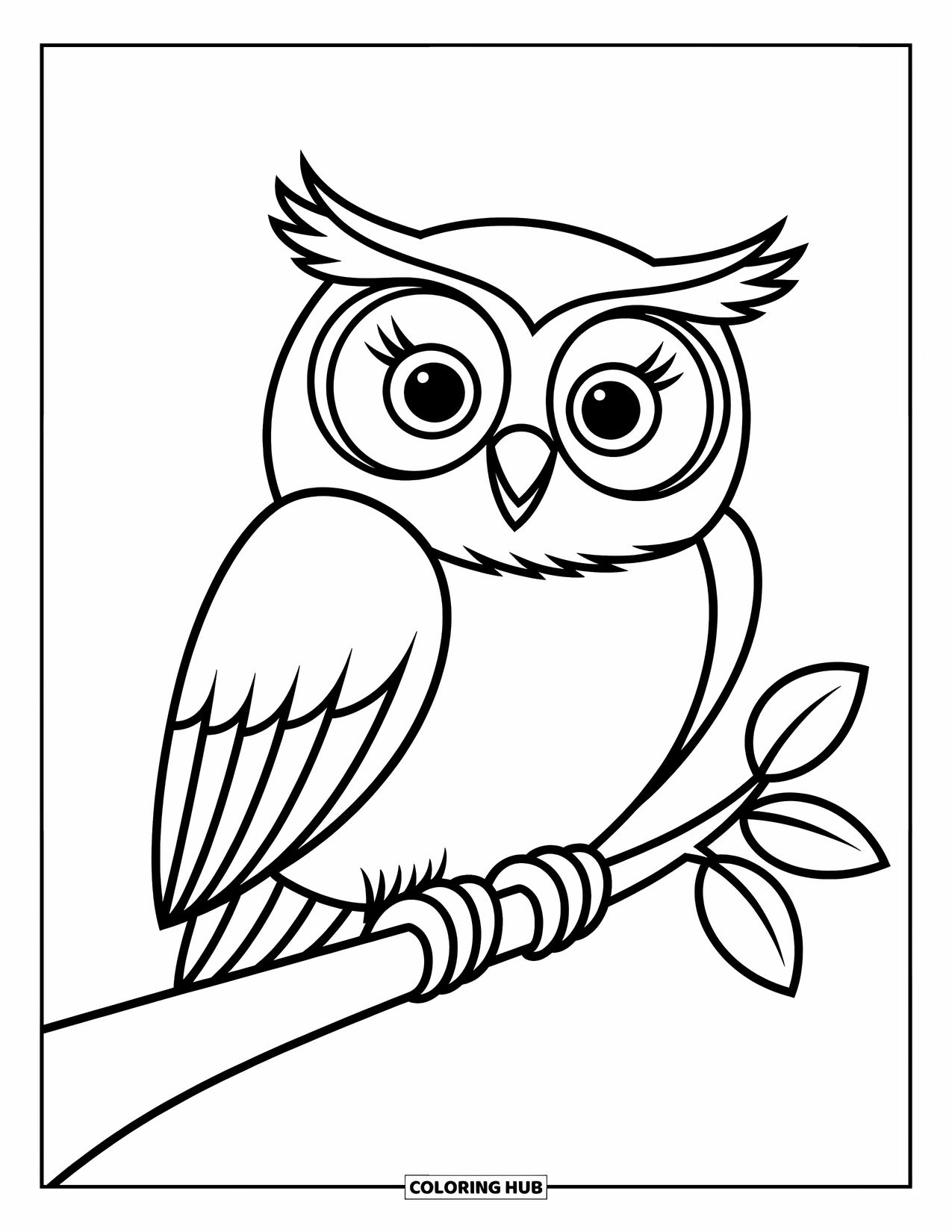 Desenho de outono para colorir para crianças: Uma coruja gordinha com olhos grandes empoleirada em um galho com uma folha por perto