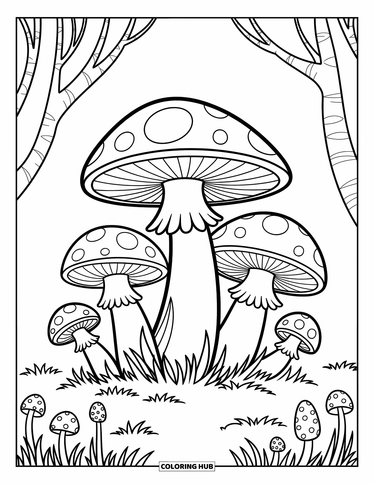 Desenho de outono para colorir para crianças: Um aglomerado de cogumelos com padrões divertidos em uma clareira ensolarada na floresta