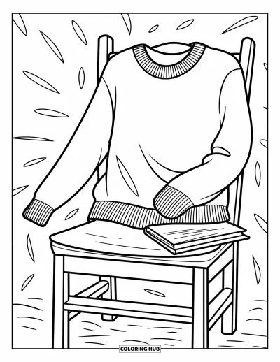 Autumn Coloring Page for Kids: A cozy chair with a sweater draped over it and a book resting on the seat