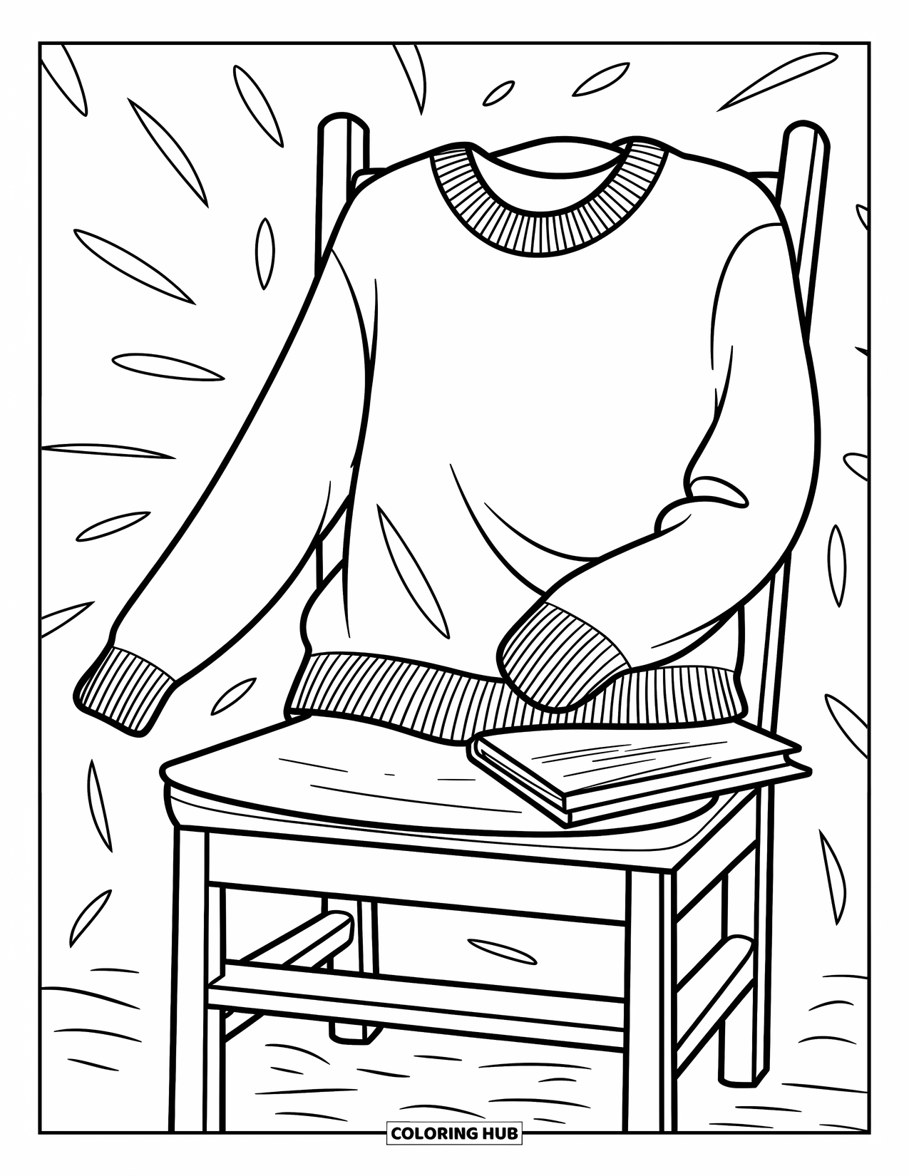 Desenho de outono para colorir para crianças: Uma cadeira aconchegante com um suéter jogado sobre ela e um livro apoiado no assento
