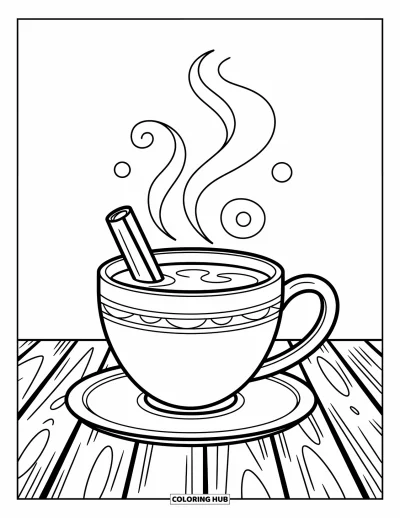 Autumn Coloring Page for Kids: A cozy cup of cider with swirling steam and scattered acorns nearby