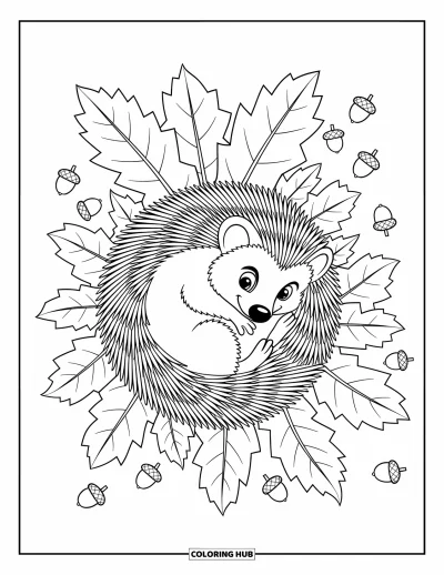 Autumn Coloring Page for Kids: A cozy hedgehog nestled in leaves surrounded by scattered acorns