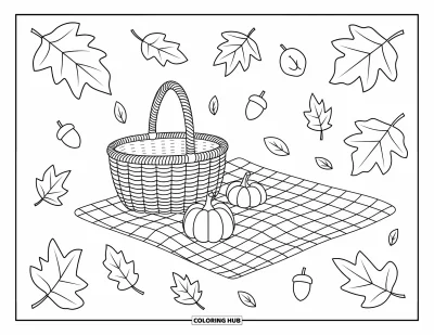 Autumn Coloring Page for Kids: A cozy picnic scene with a basket, blanket, leaves, and small pumpkins