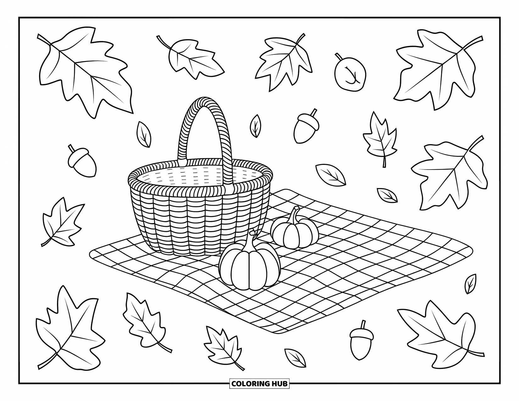 Desenho de outono para colorir para crianças: Uma cena de piquenique aconchegante com uma cesta, cobertor, folhas e pequenas abóboras