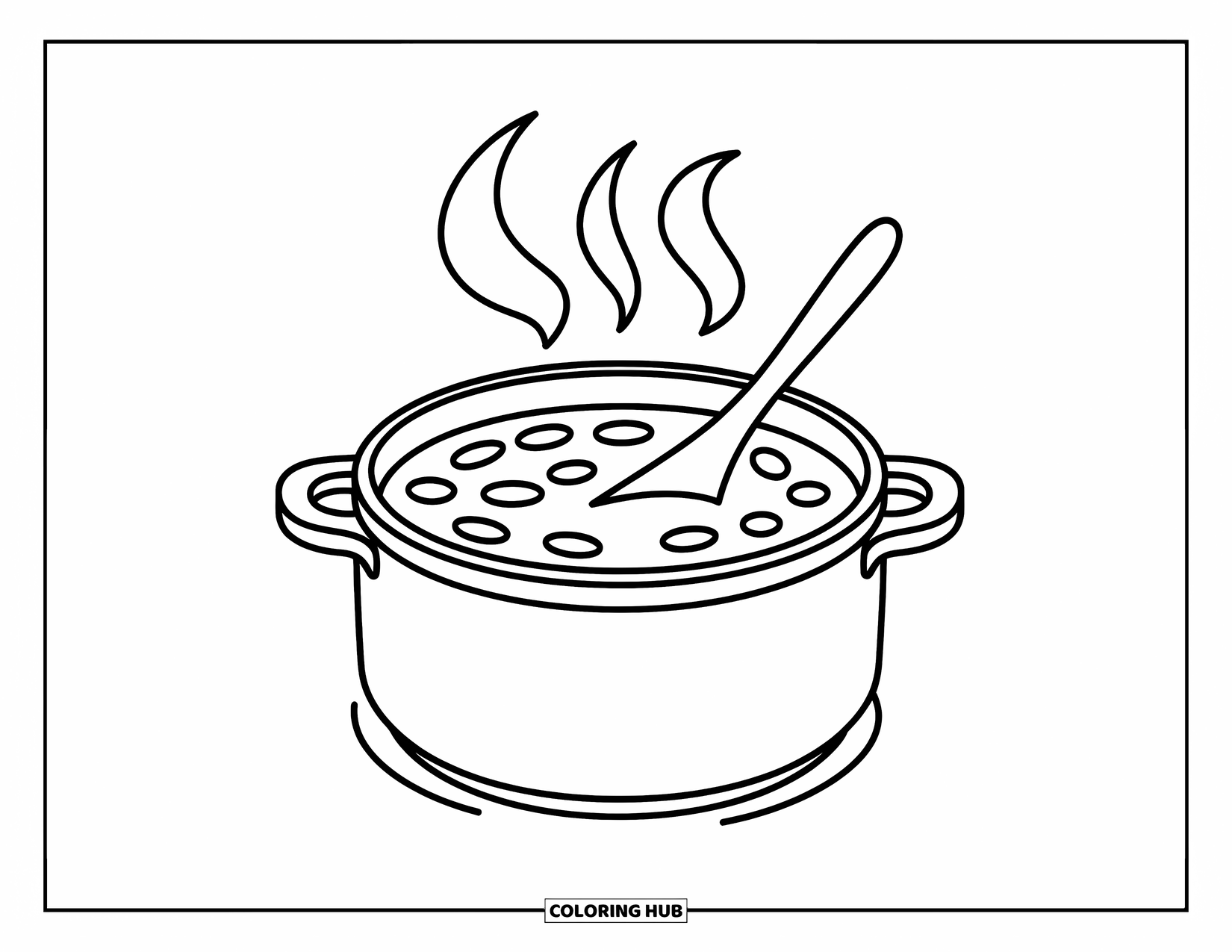 Desenho de outono para colorir para crianças: Uma panela aconchegante de sopa com vapor rodopiando e uma colher por perto