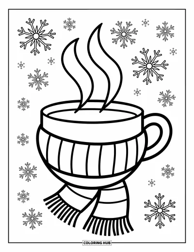 Autumn Coloring Page for Kids: A cozy scarf wraps around a warm cup with steam gently rising
