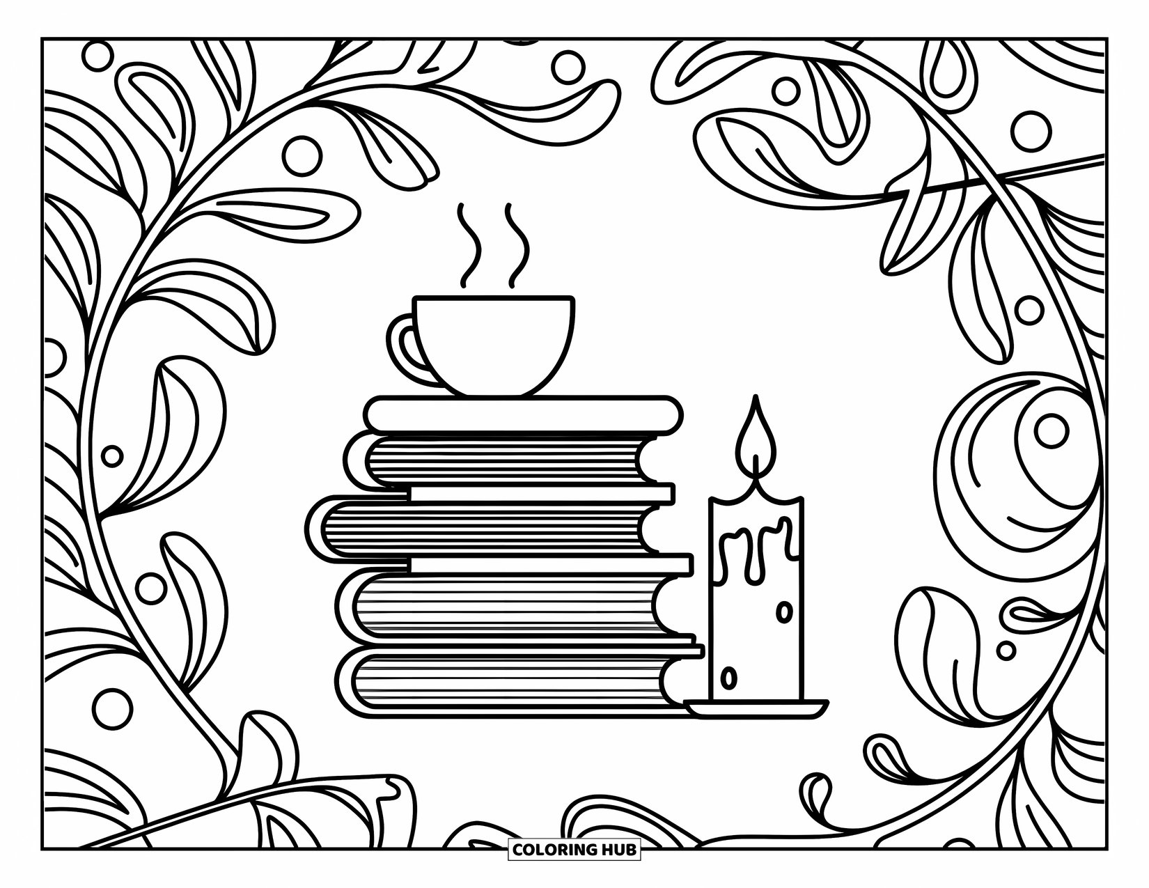 Desenho de outono para colorir para crianças: Uma pilha aconchegante de livros com uma bebida quente e uma vela brilhante ao lado