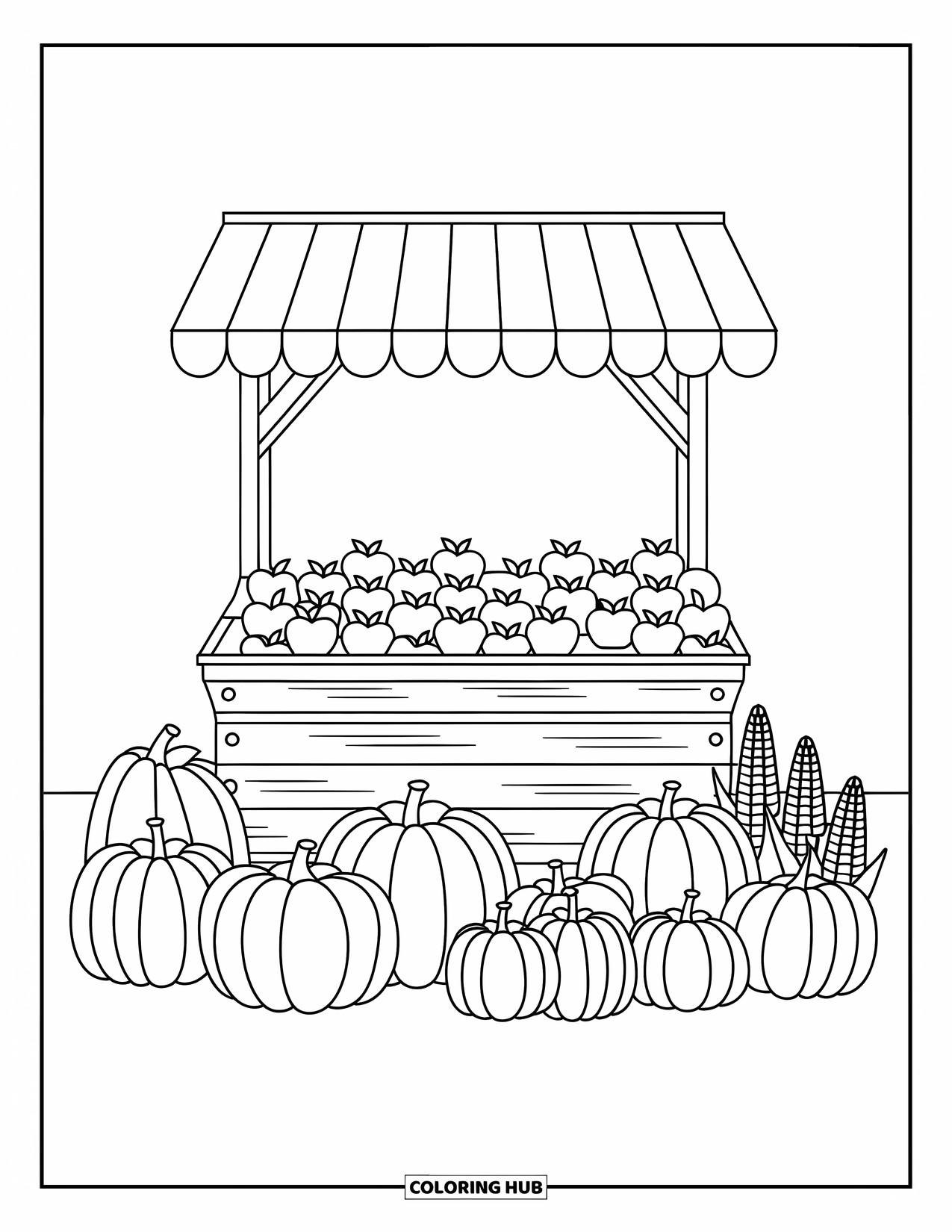 Desenho de outono para colorir para crianças: Uma barraca aconchegante repleta de maçãs, abóboras e milho