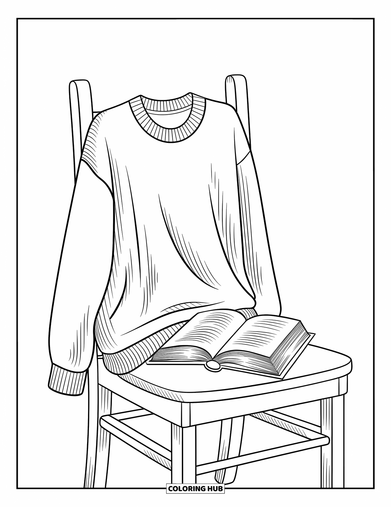 Desenho de outono para colorir para crianças: Um suéter aconchegante jogado sobre uma cadeira de madeira com um livro por perto