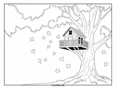 Autumn Coloring Page for Kids: A cozy treehouse with rope bridges and swirling vines in the treetops