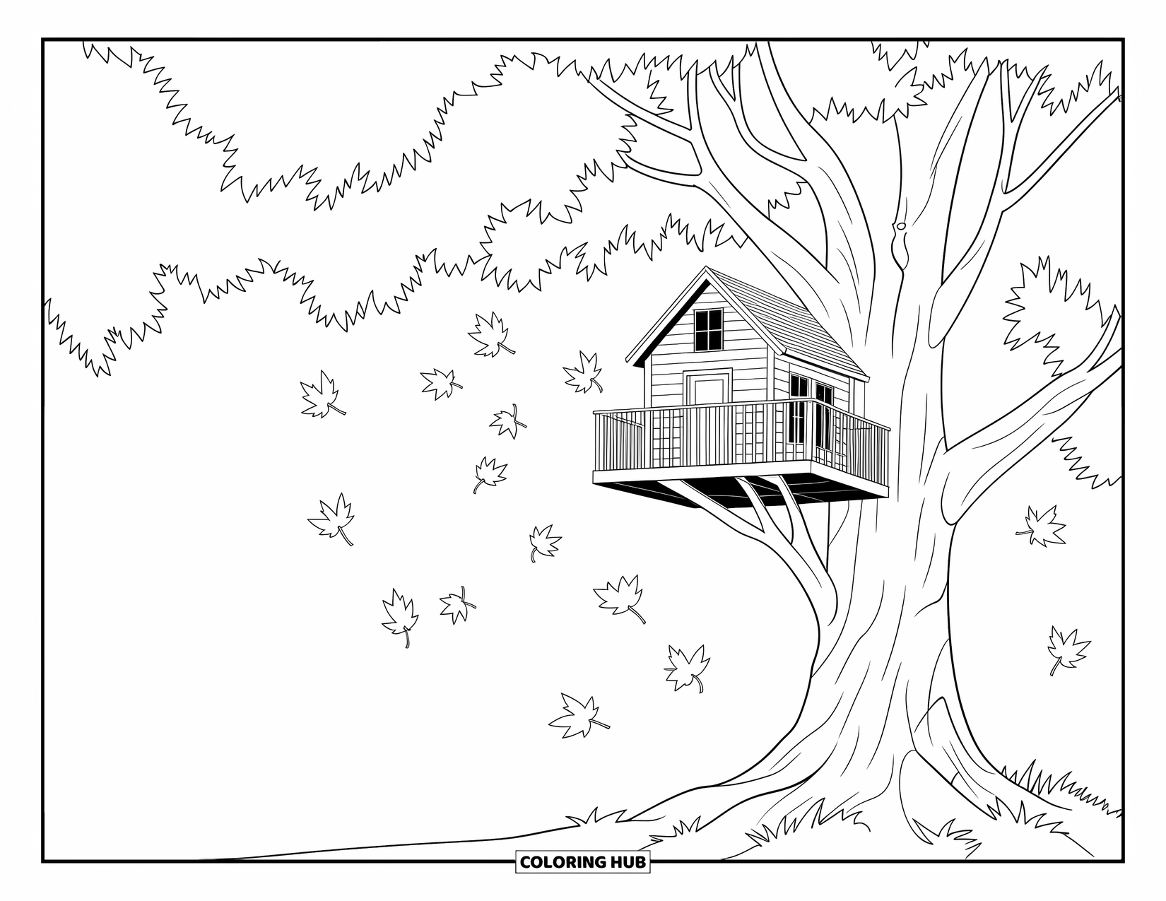 Desenho de outono para colorir para crianças: Uma casa na árvore aconchegante com pontes de corda e vinhas rodopiantes no topo das árvores