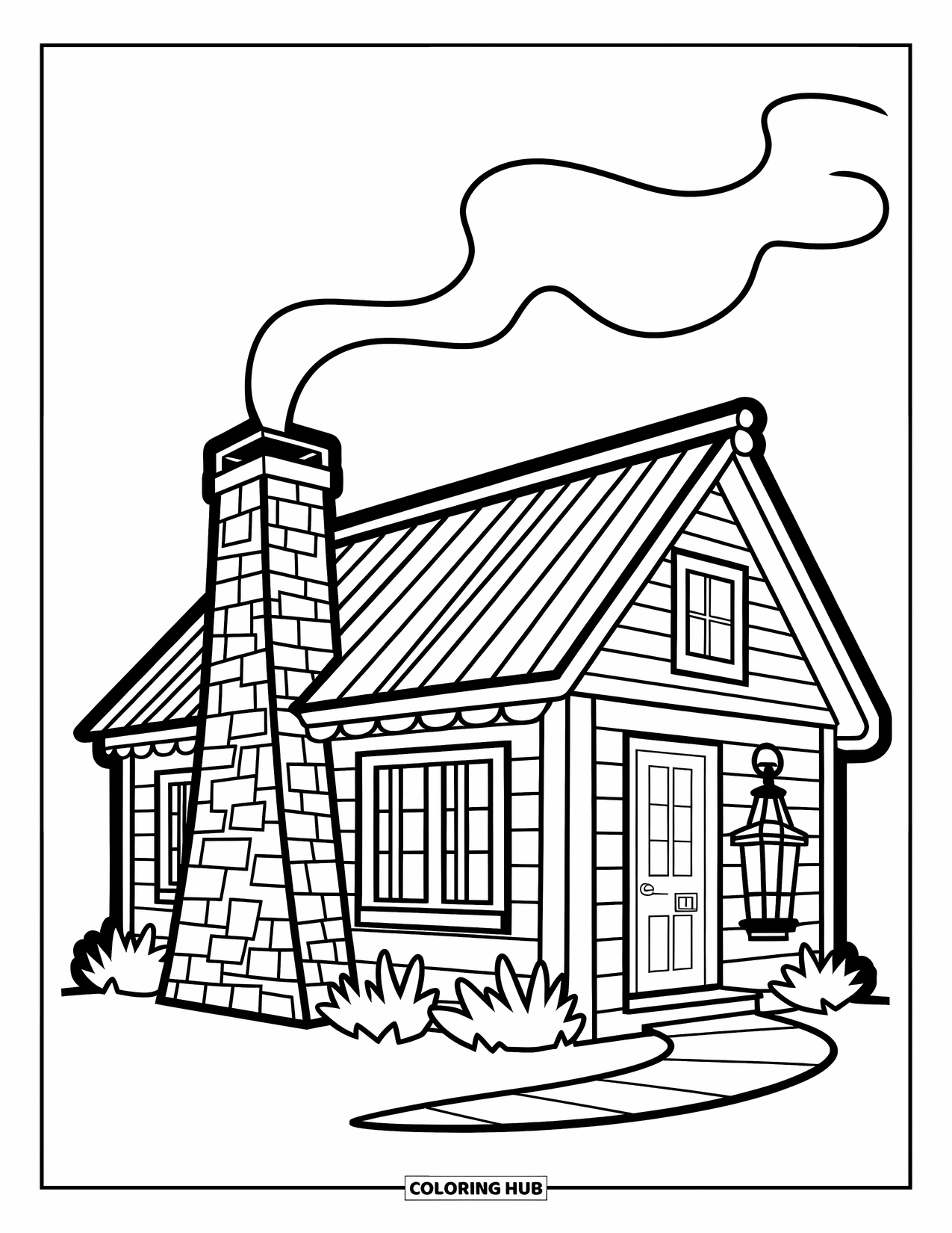 Desenho de outono para colorir para crianças: Uma cabana de madeira aconchegante com uma chaminé de pedra e uma lanterna brilhante do lado de fora