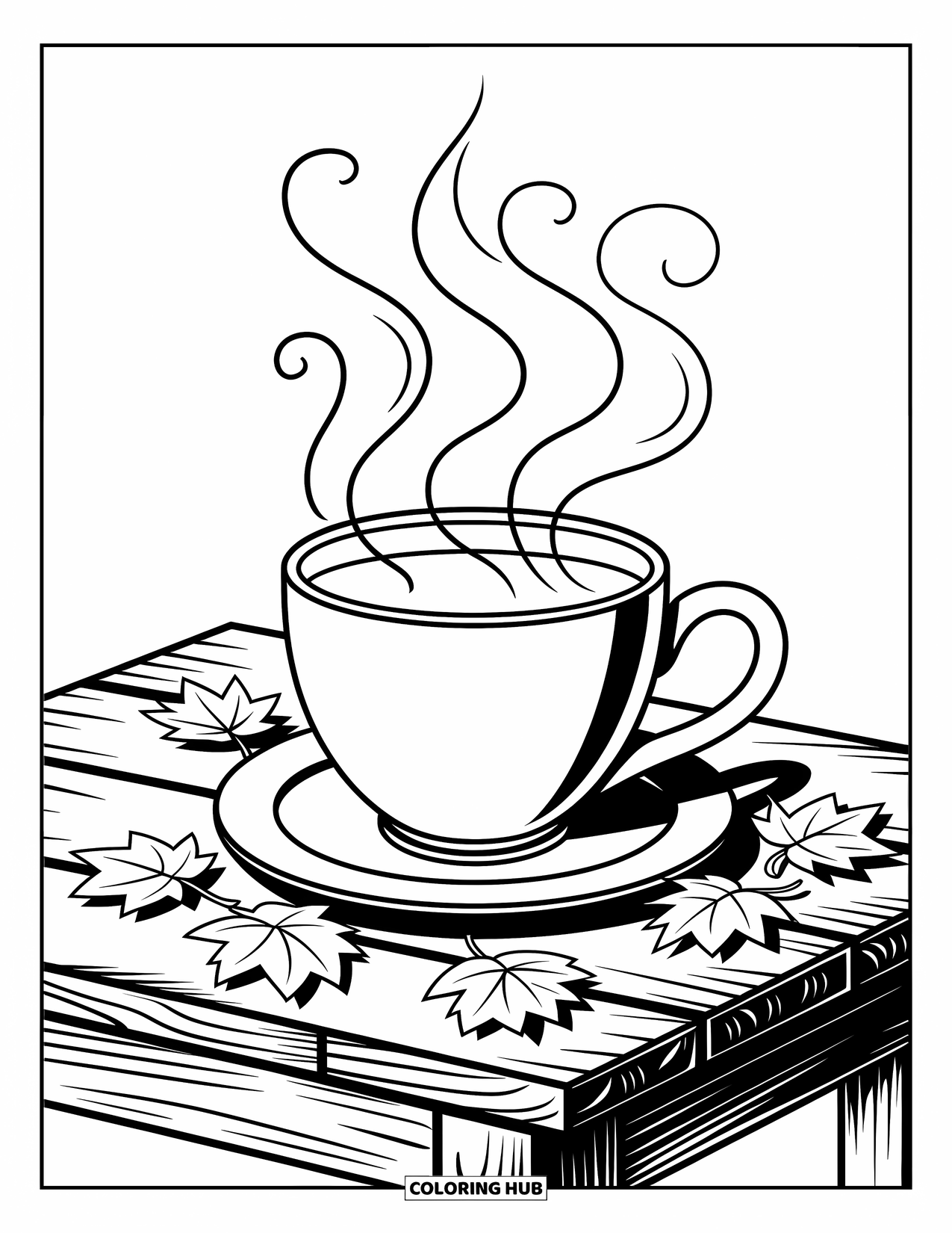Desenho de outono para colorir para crianças: Uma xícara de cidra com vapor enrolando cercada por folhas em uma mesa rústica