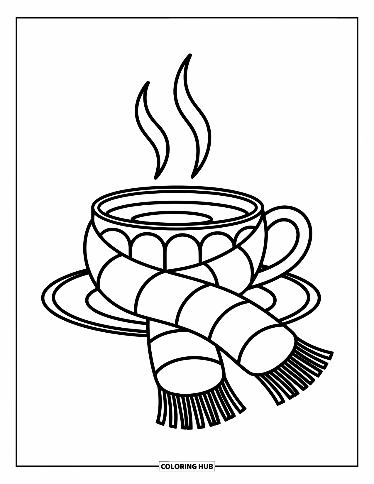 Desenho de outono para colorir para crianças: Uma xícara com vapor, envolta em um cachecol aconchegante descansando ao lado dela