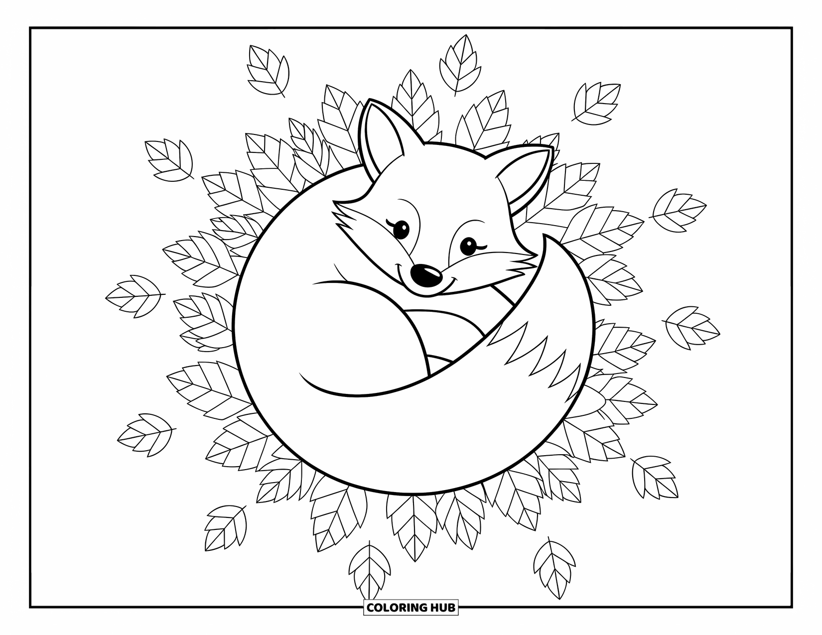 Desenho de outono para colorir para crianças: Uma raposa fofa dorme em uma pilha de folhas com sua cauda fofa enrolada apertada