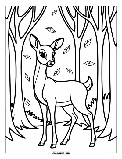Autumn Coloring Page for Kids: A deer stands gracefully among tall trees with swirling leaves floating nearby