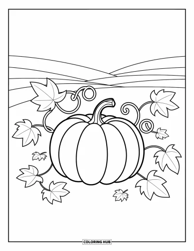 Autumn Coloring Page for Kids: A detailed pumpkin with twisting vines rests in a field with scattered leaves