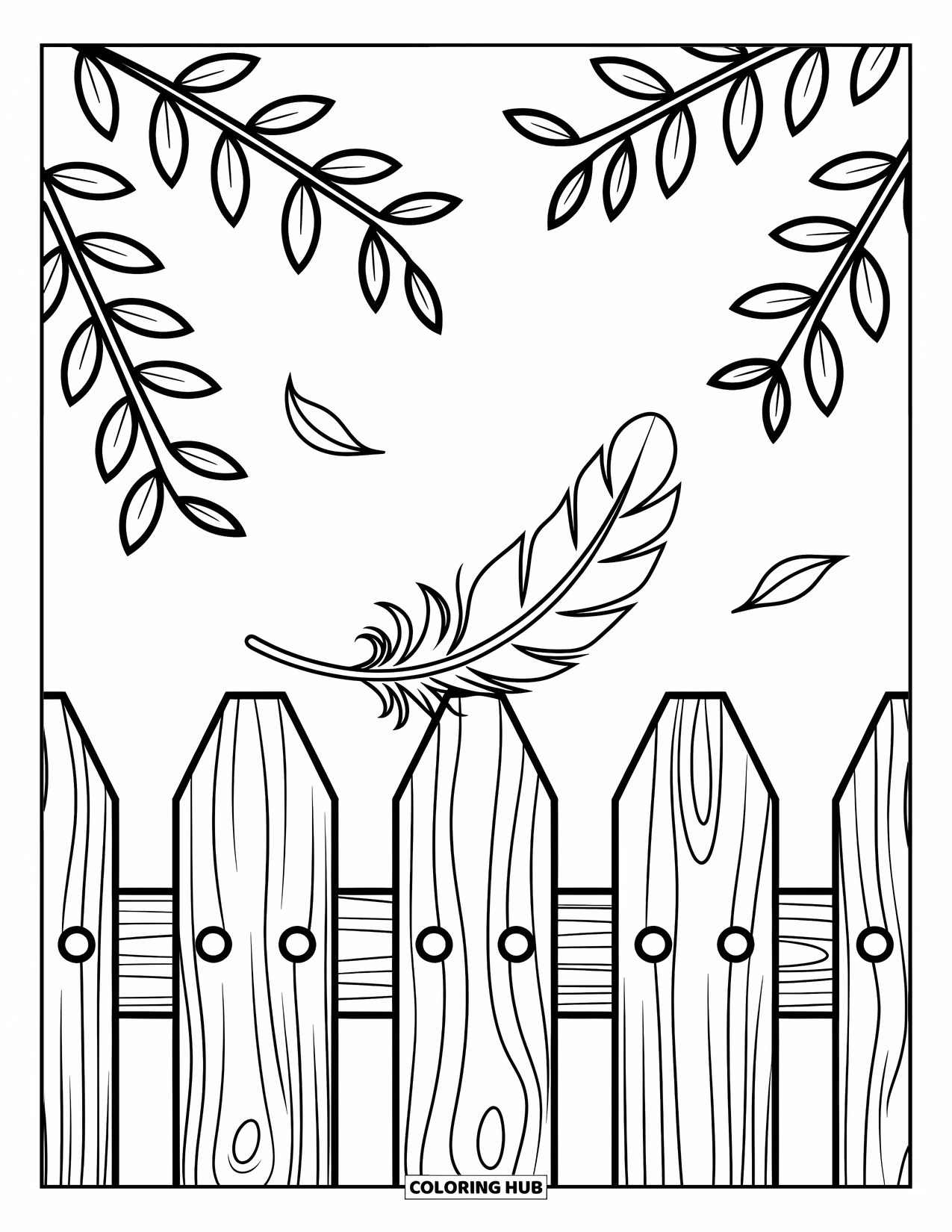 Desenho de outono para colorir para crianças: Uma pena em uma cerca rústica com folhas rodopiantes flutuando na brisa