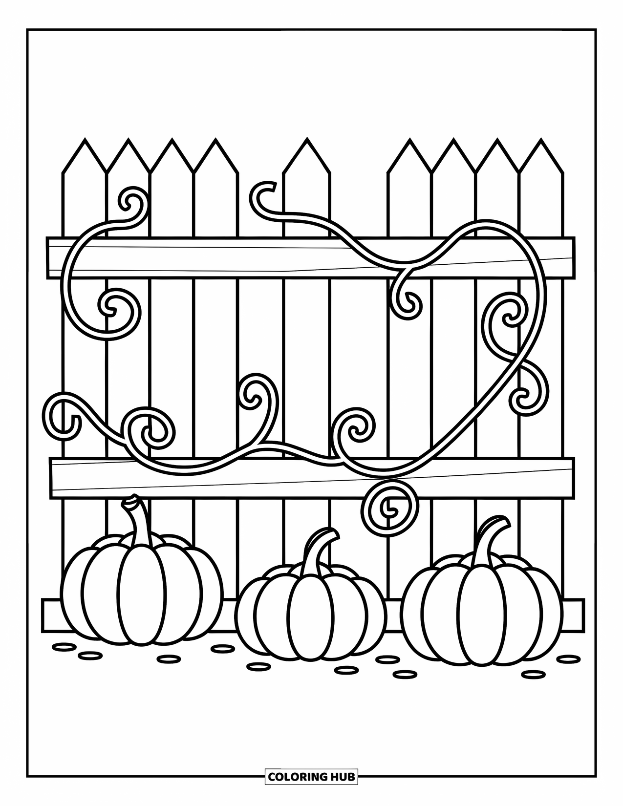 Desenho de outono para colorir para crianças: Uma cerca envolta em cipós com abóboras repousando por perto