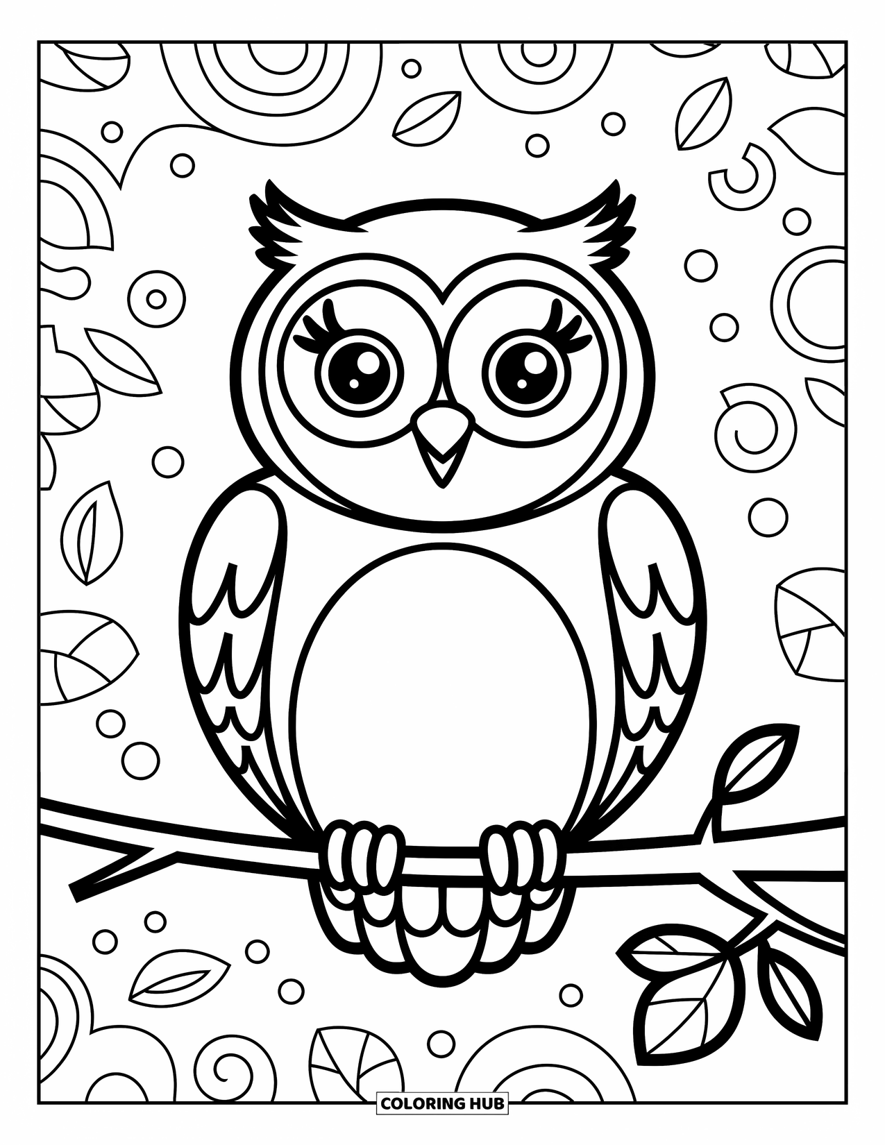 Desenho de outono para colorir para crianças: Uma coruja fofa senta-se em um galho com uma folha divertida ao lado