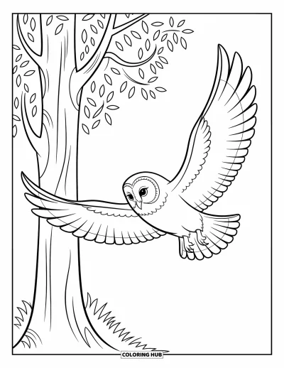 Autumn Coloring Page for Kids: A flying owl with detailed feathers and playful branches around