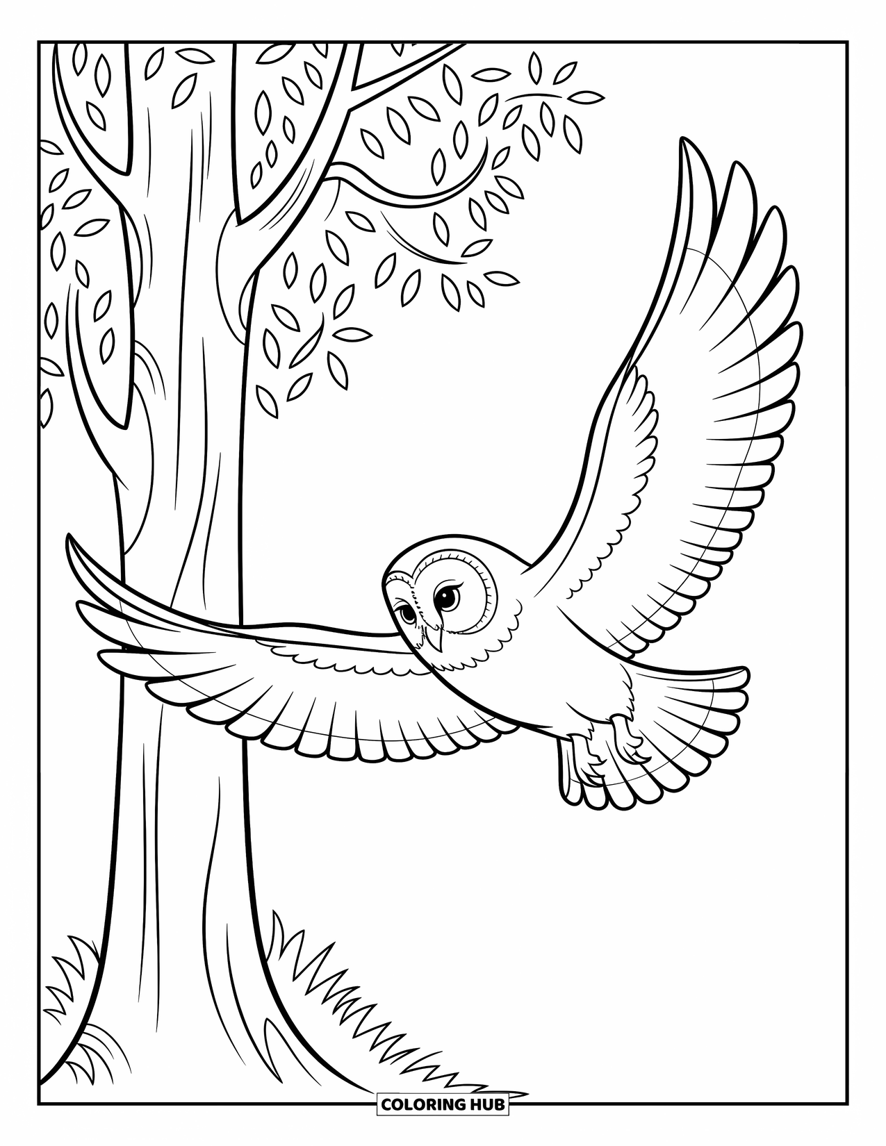 Desenho de outono para colorir para crianças: Uma coruja voadora com penas detalhadas e galhos divertidos ao redor