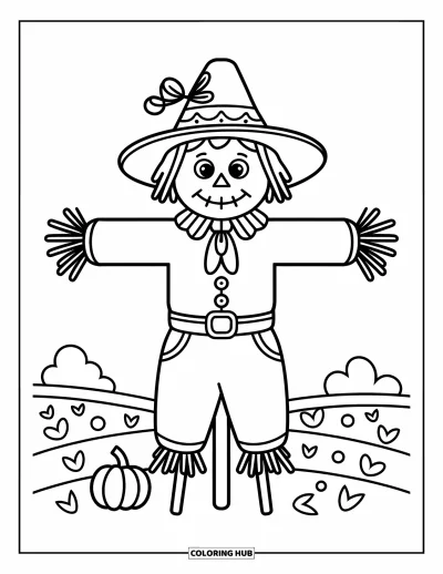 Autumn Coloring Page for Kids: A friendly scarecrow stands in a field with a pumpkin at its feet