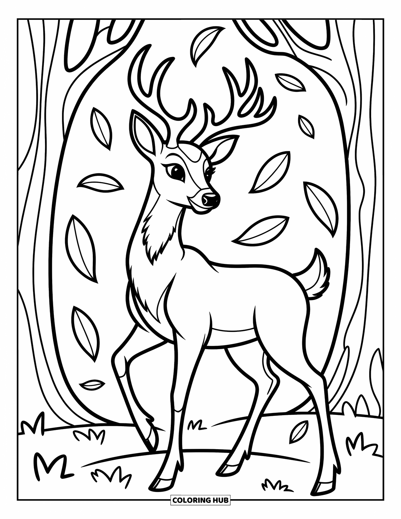 Desenho de outono para colorir para crianças: Um cervo gracioso fica sob árvores altas com folhas divertidas ao redor
