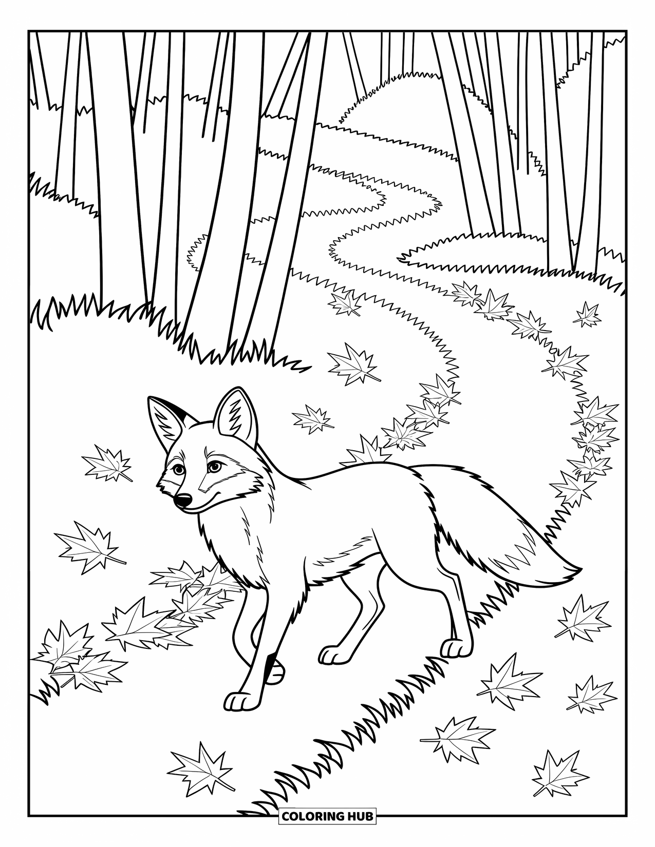 Desenho de outono para colorir para crianças: Uma raposa graciosa trota ao longo de um caminho na floresta com folhas rodopiantes ao redor