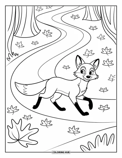 Autumn Coloring Page for Kids: A graceful fox trots along a forest path with swirling leaves beneath its paws