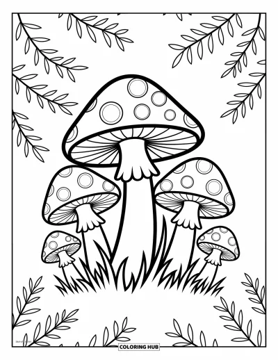 Autumn Coloring Page for Kids: A group of mushrooms sprouting in a sunny forest clearing