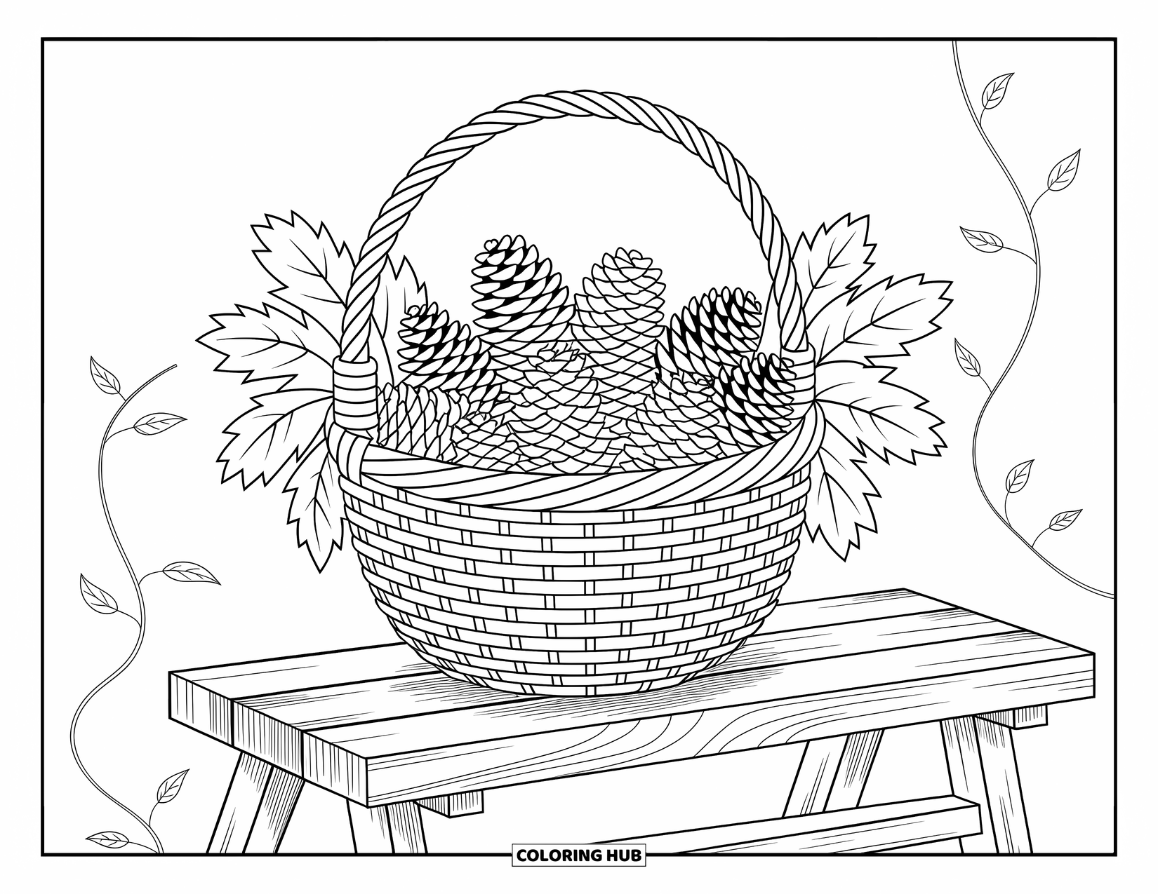 Desenho de outono para colorir para crianças: Uma cesta tecida à mão com pinhas e folhas colocadas em um banco de madeira rústico