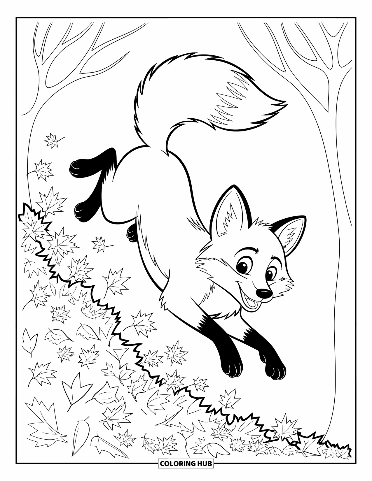 Desenho de outono para colorir para crianças: Uma raposa feliz mergulha em folhas, sua cauda espessa voando para trás