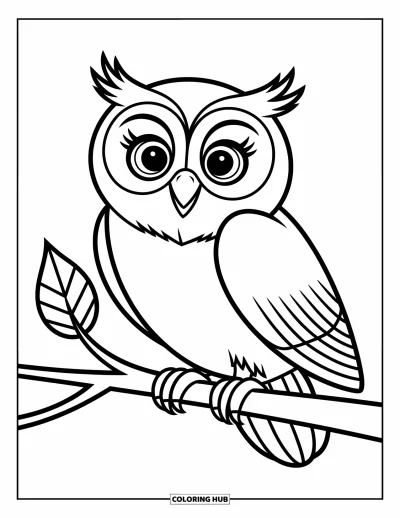 Autumn Coloring Page for Kids: A happy owl perches on a branch with a little leaf by its side