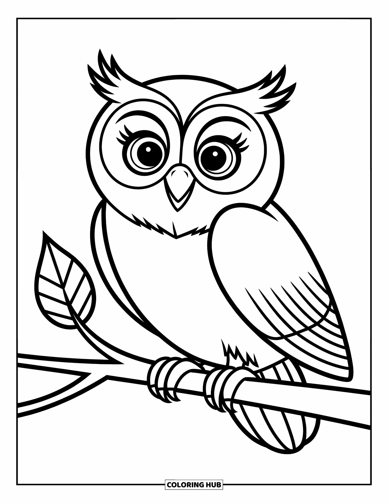 Desenho de outono para colorir para crianças: Uma coruja feliz empoleira-se em um galho com uma pequena folha ao seu lado
