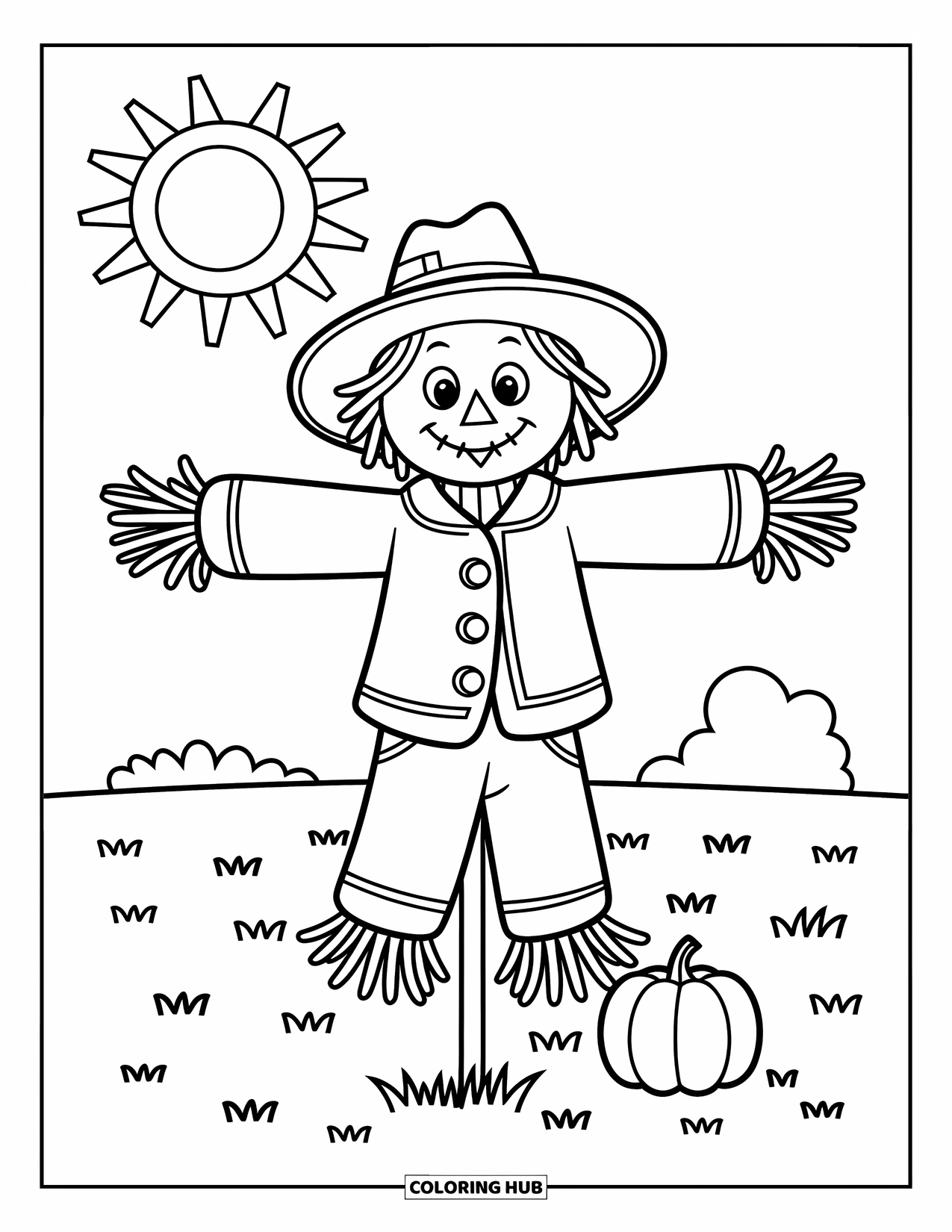 Desenho de outono para colorir para crianças: Um espantalho feliz fica alto em um campo com uma abóbora abaixo