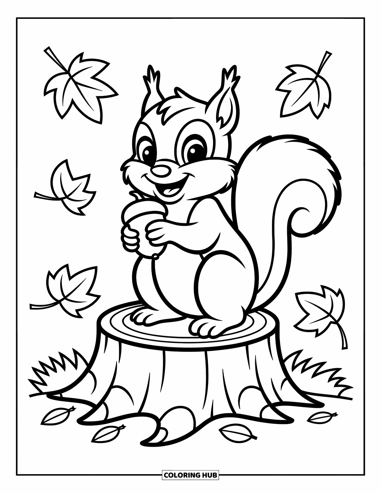 Desenho de outono para colorir para crianças: Um esquilo feliz segurando uma bolota senta-se em um tronco de árvore com folhas