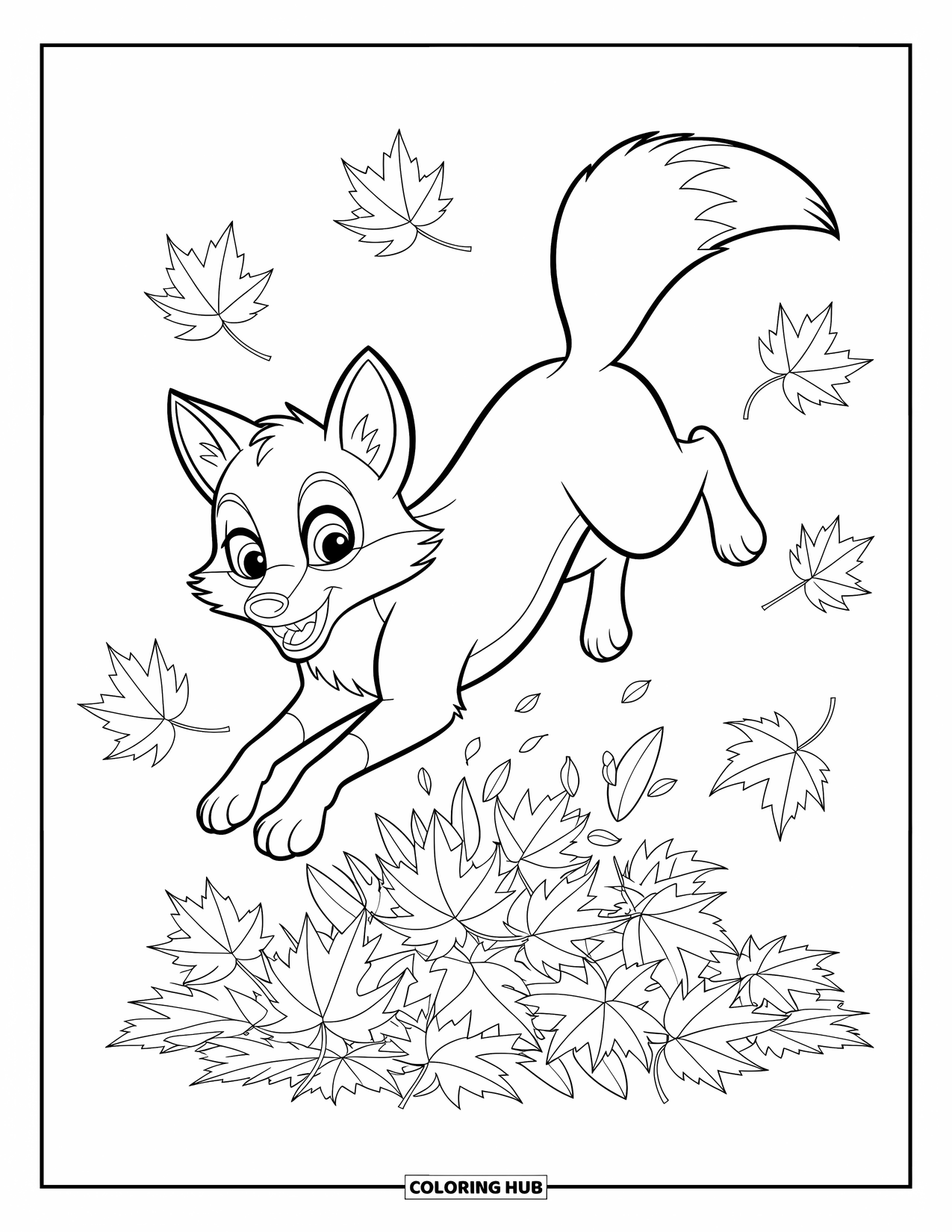 Desenho de outono para colorir para crianças: Uma raposa alegre pula em folhas crocantes com galhos espalhados ao redor