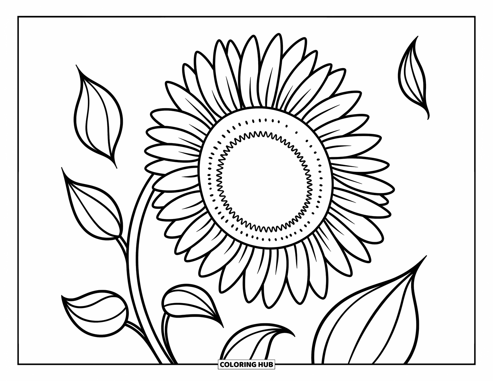 Desenho de outono para colorir para crianças: Um girassol grande se curva suavemente com folhas flutuando ao redor