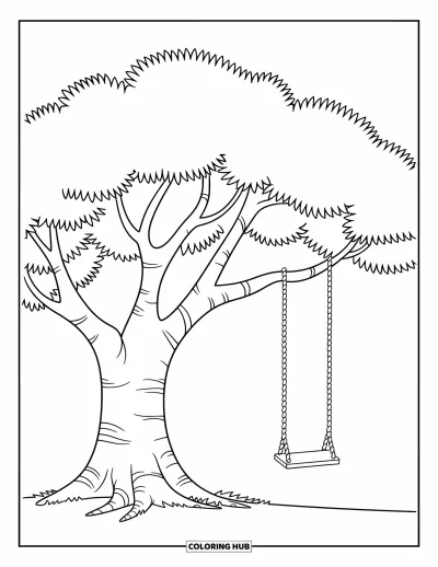 Autumn Coloring Page for Kids: A large tree with broad leaves and a simple swing hanging down