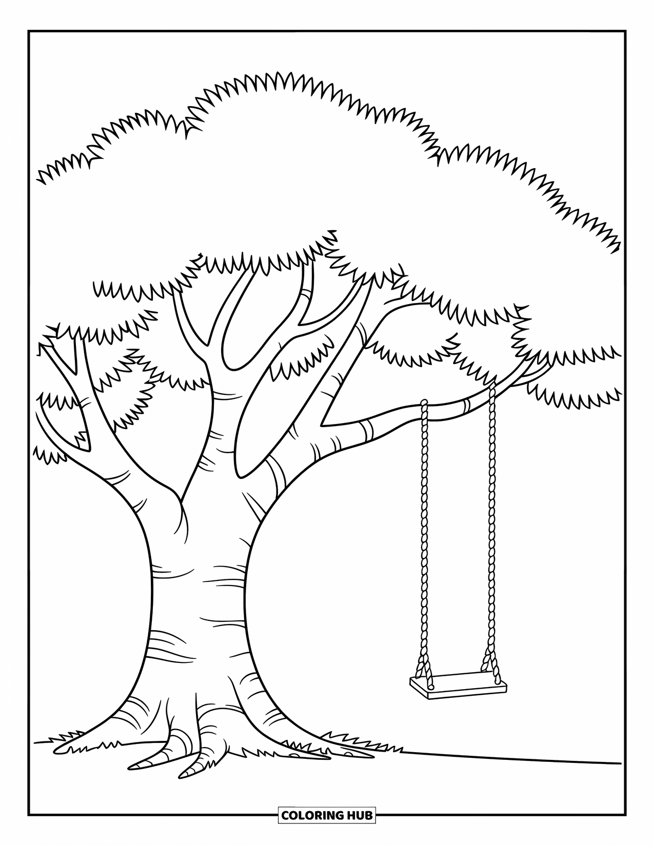 Desenho de outono para colorir para crianças: Uma grande árvore com folhas largas e um balanço simples pendurado