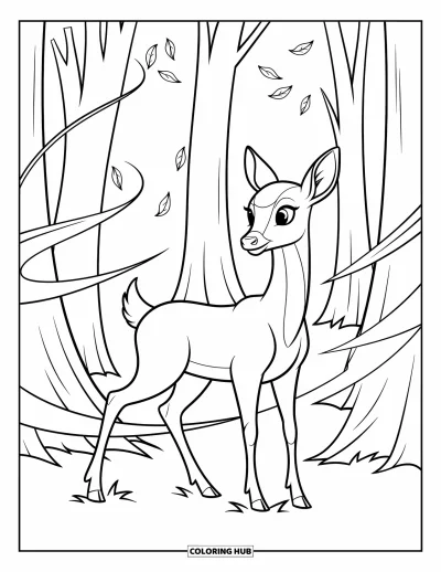 Autumn Coloring Page for Kids: A majestic deer among towering trees with leaves dancing in the air