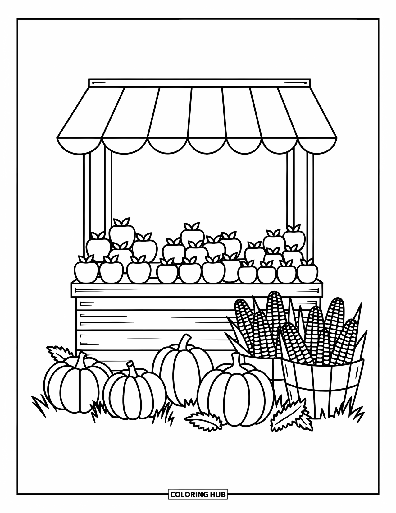 Desenho de outono para colorir para crianças: Uma barraca de mercado com abóboras, maçãs e milho em exibição