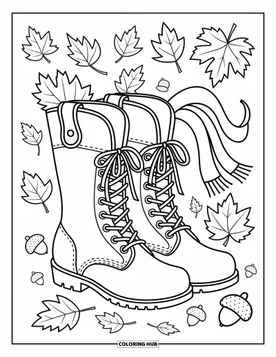 Autumn Coloring Page for Kids: A pair of boots surrounded by fallen leaves with a scarf draped nearby
