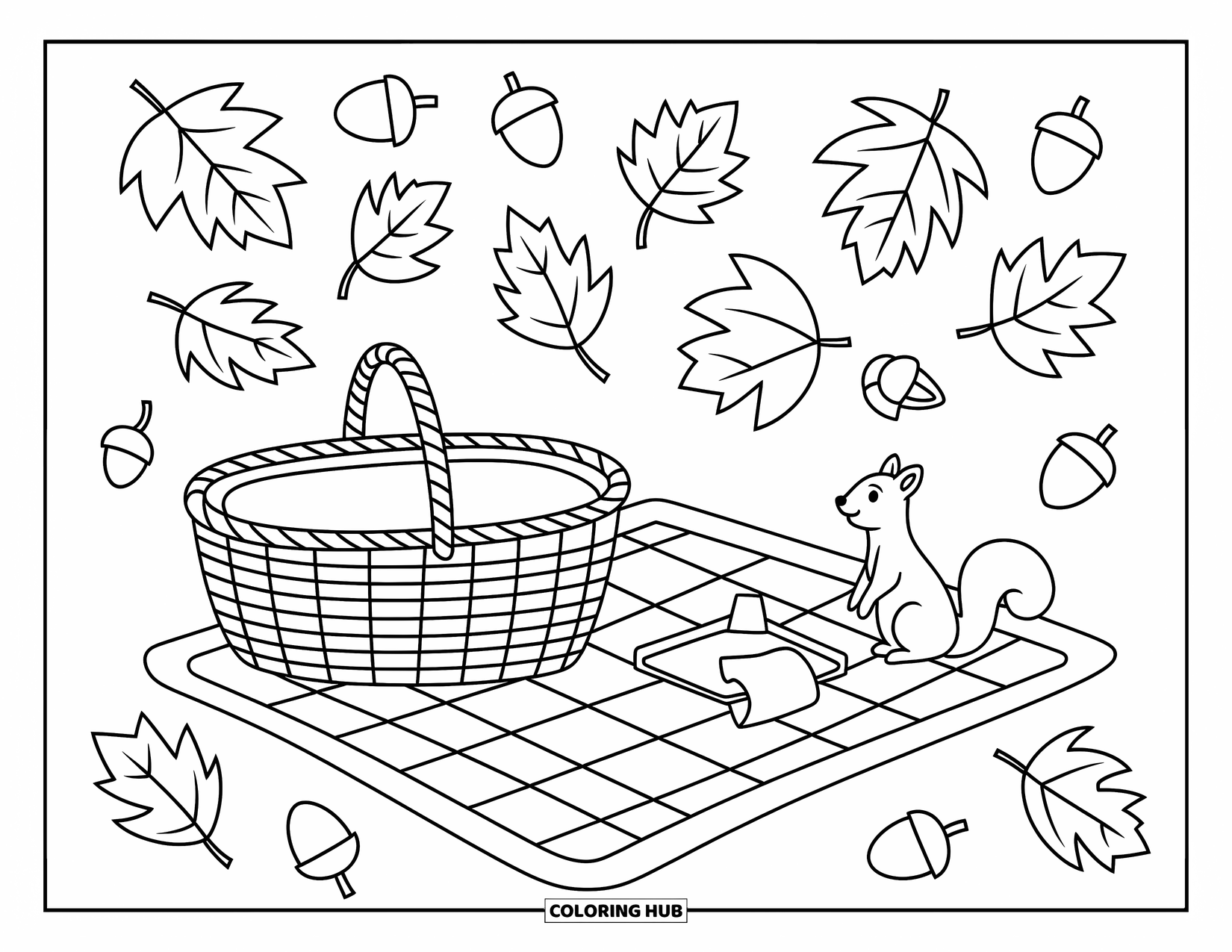 Desenho de outono para colorir para crianças: Uma cena de piquenique com uma manta, cesta e um esquilo amigável por perto
